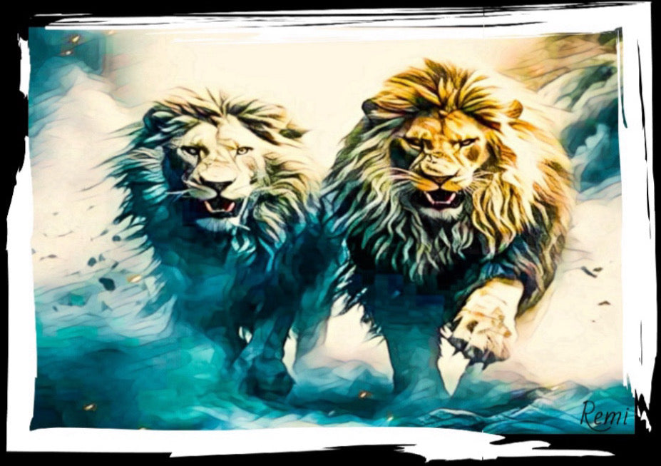 Two Lions canvas print wall hanging ready to display 80x50cm ~By Remi Okuleye