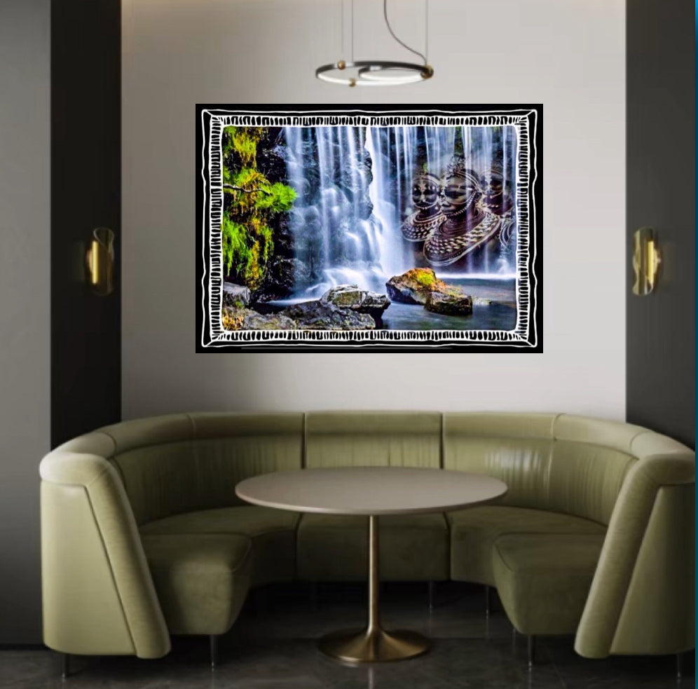 Landscape waterfalls tribal canvas print ready to display; Size 80x50 cm ~Remi Okuleye