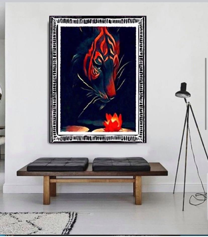 Tiger and the Lotus flower canvas print wall hanging framed ready to display ~ By Remi Okuleye