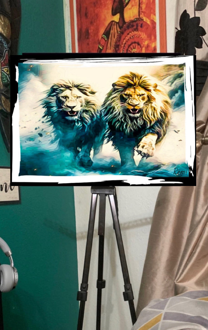 Two Lions canvas print wall hanging ready to display 80x50cm ~By Remi Okuleye