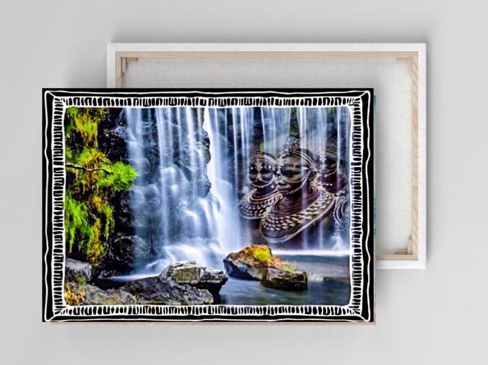 Landscape waterfalls tribal canvas print ready to display; Size 80x50 cm ~Remi Okuleye