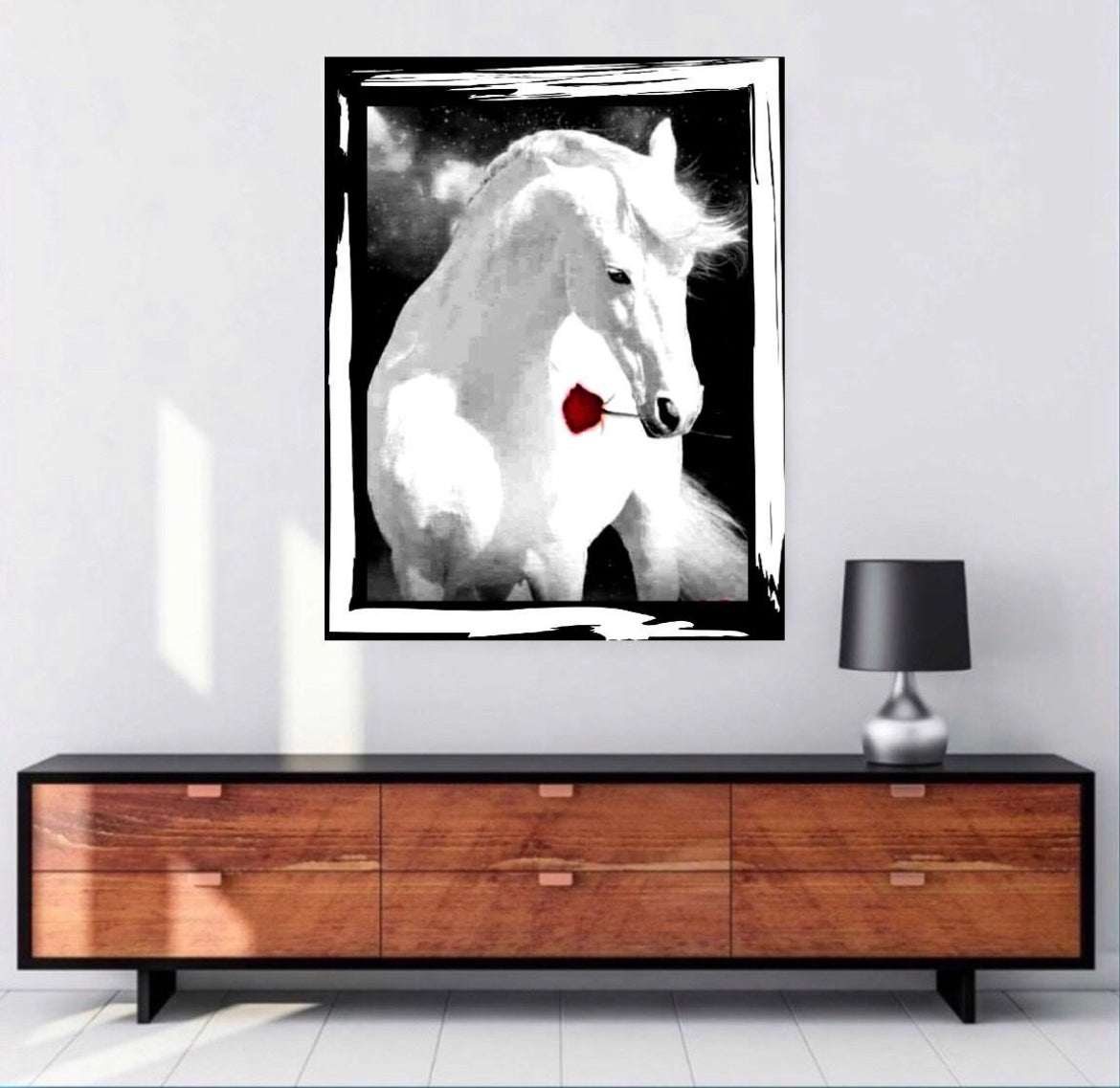 White Horse canvas print wall hanging ready to display: Size 50x60 cm