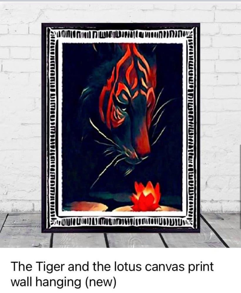 Tiger and the Lotus flower canvas print wall hanging framed ready to display ~ By Remi Okuleye