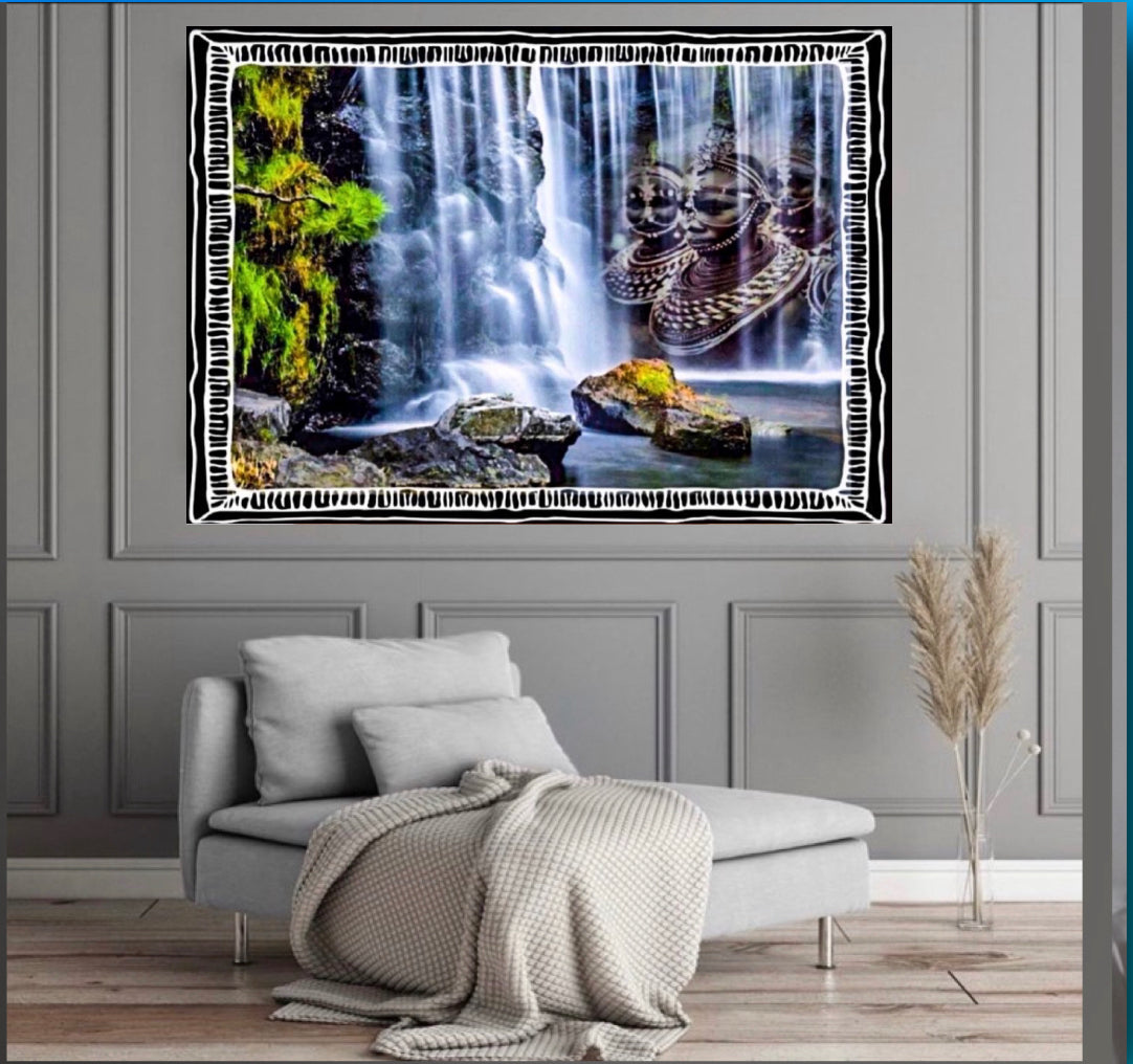 Rare Landscape spiritual waterfalls tribal canvas print ready to display (new) ~ By Remi Okuleye