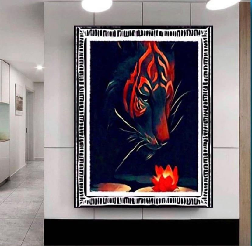 Tiger and the Lotus flower canvas print wall hanging framed ready to display ~ By Remi Okuleye