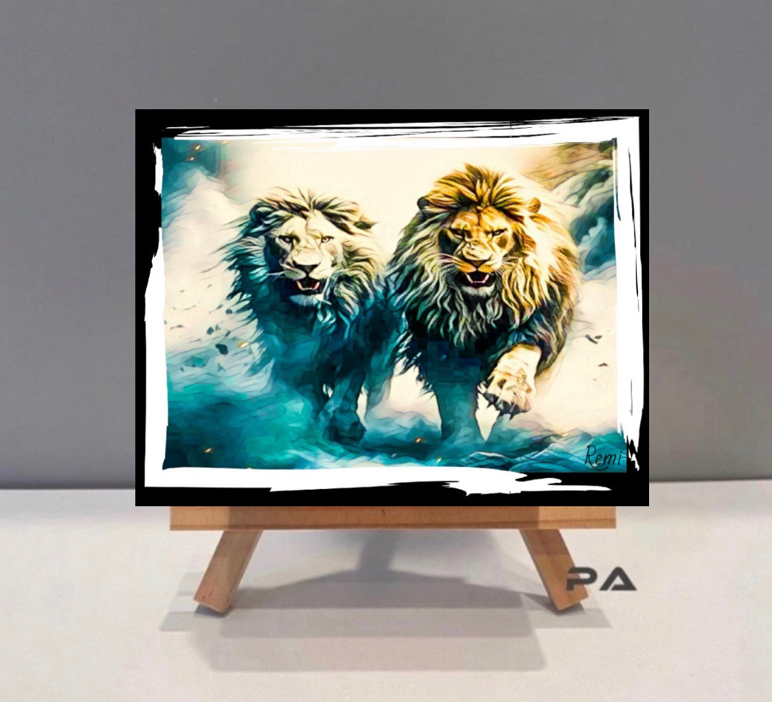 Two Lions canvas print wall hanging ready to display 80x50cm ~By Remi Okuleye