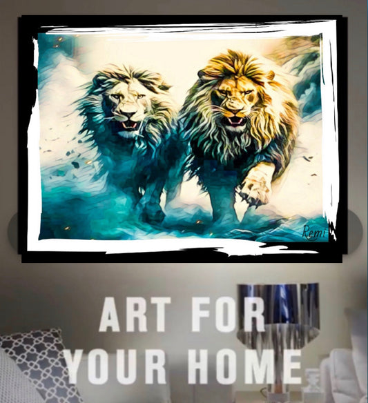 Two Lions canvas print wall hanging ready to display 80x50cm ~By Remi Okuleye