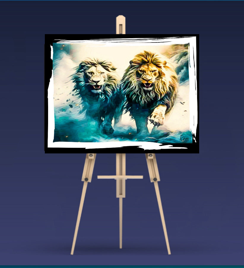 Two Lions canvas print wall hanging ready to display 80x50cm ~By Remi Okuleye