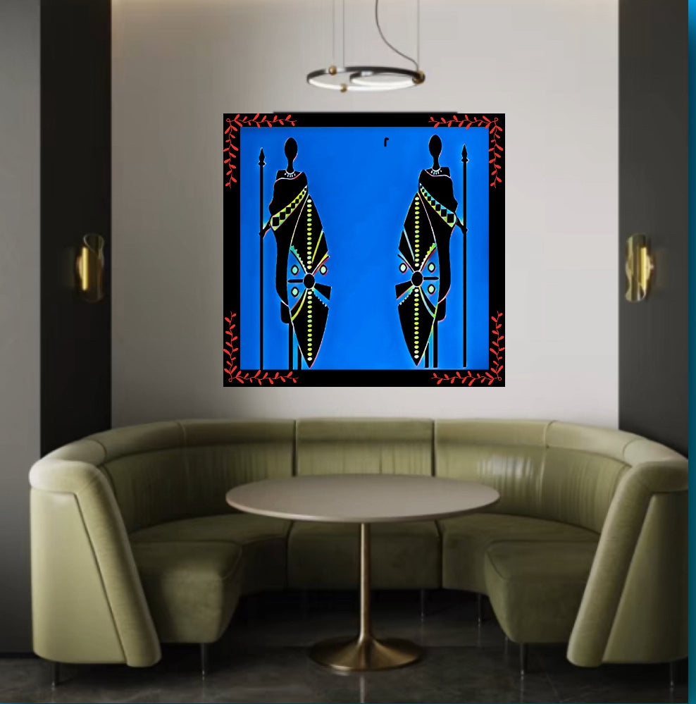 African tribal canvas print wall hanging female warriors comes ready to display: Size 60x60 cm