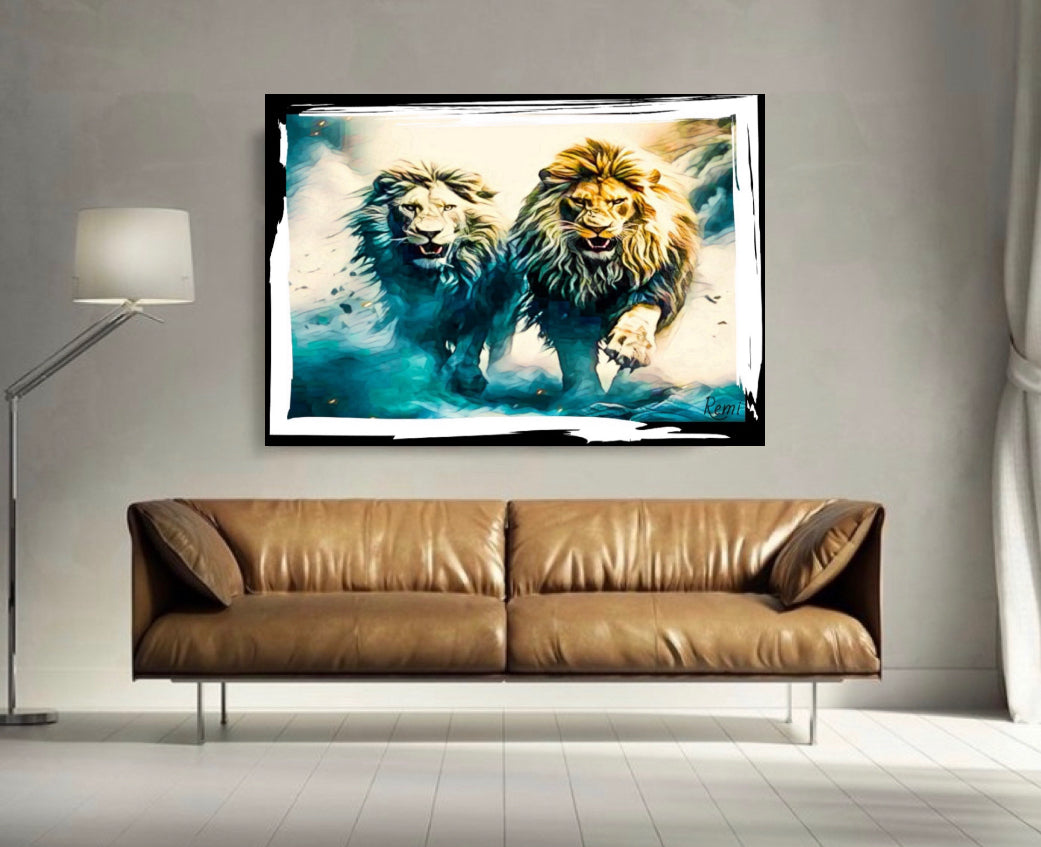 Two Lions canvas print wall hanging ready to display 80x50cm ~By Remi Okuleye