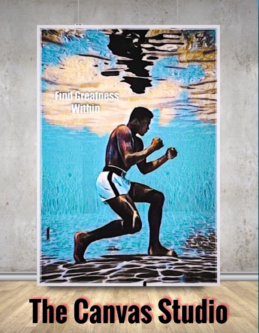 An Amazing Muhammad Ali Canvas wall hanging comes ready to display: Size 50x70 cm