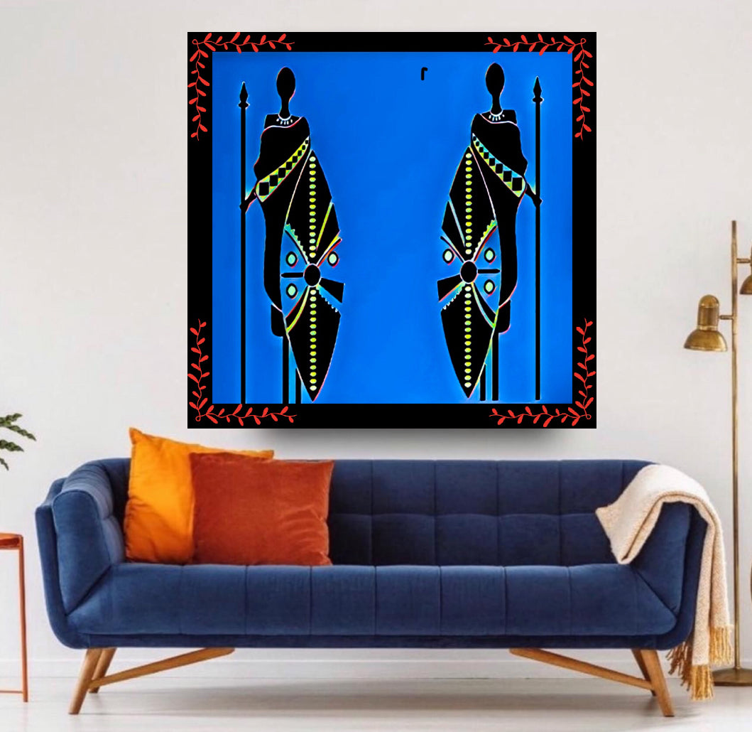 African tribal canvas print wall hanging female warriors comes ready to display: Size 60x60 cm