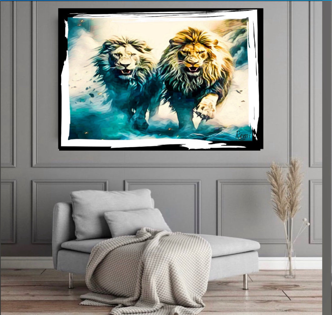 Two Lions canvas print wall hanging ready to display 80x50cm ~By Remi Okuleye