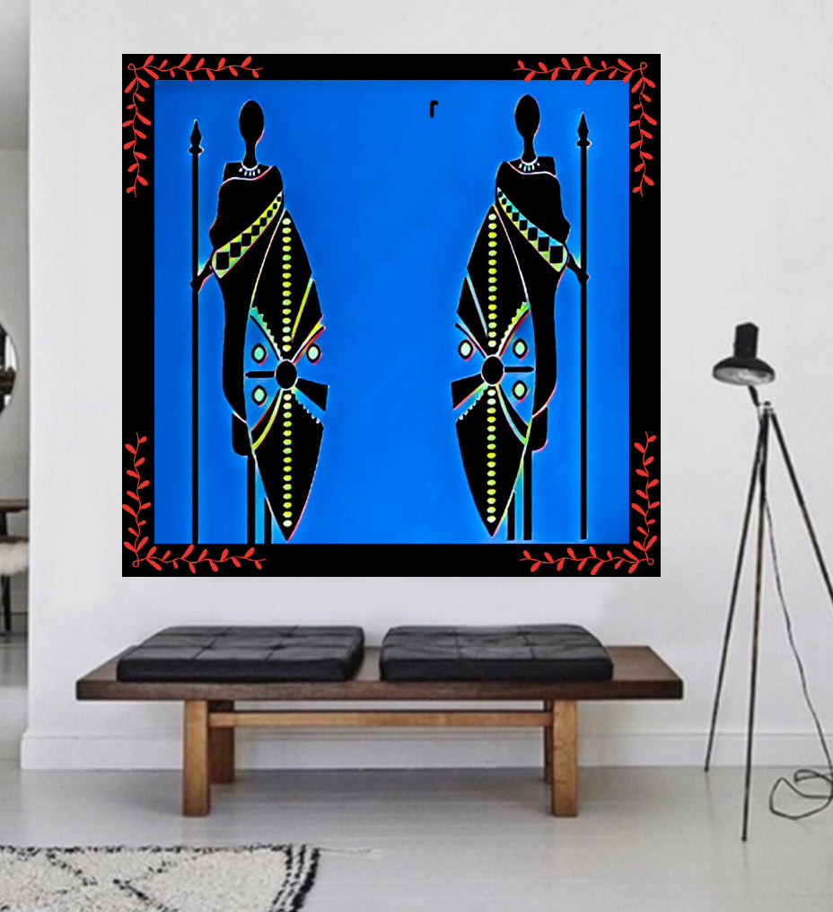 African tribal canvas print wall hanging female warriors comes ready to display: Size 60x60 cm