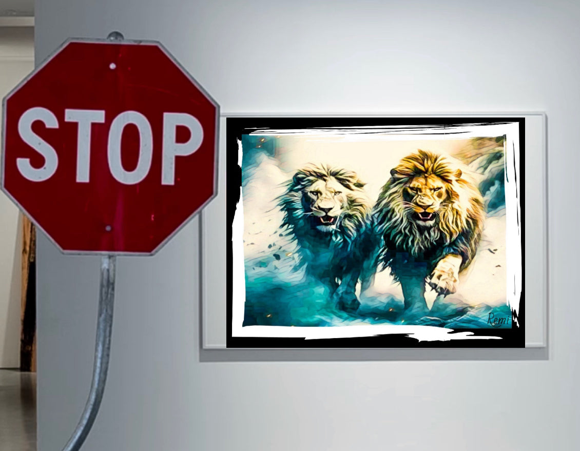 Two Lions canvas print wall hanging ready to display 80x50cm ~By Remi Okuleye