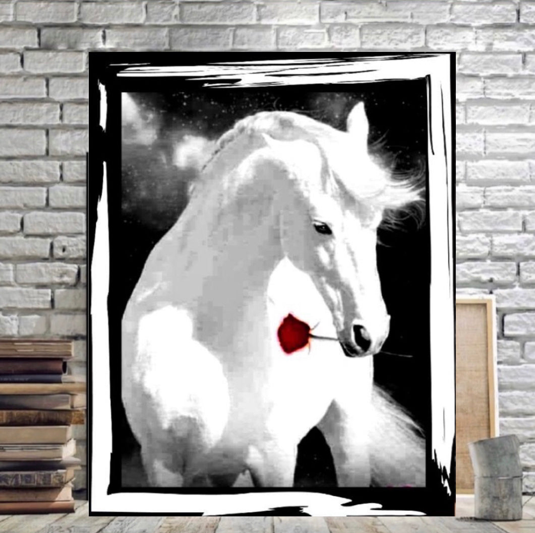 White Horse canvas print wall hanging ready to display: Size 50x60 cm