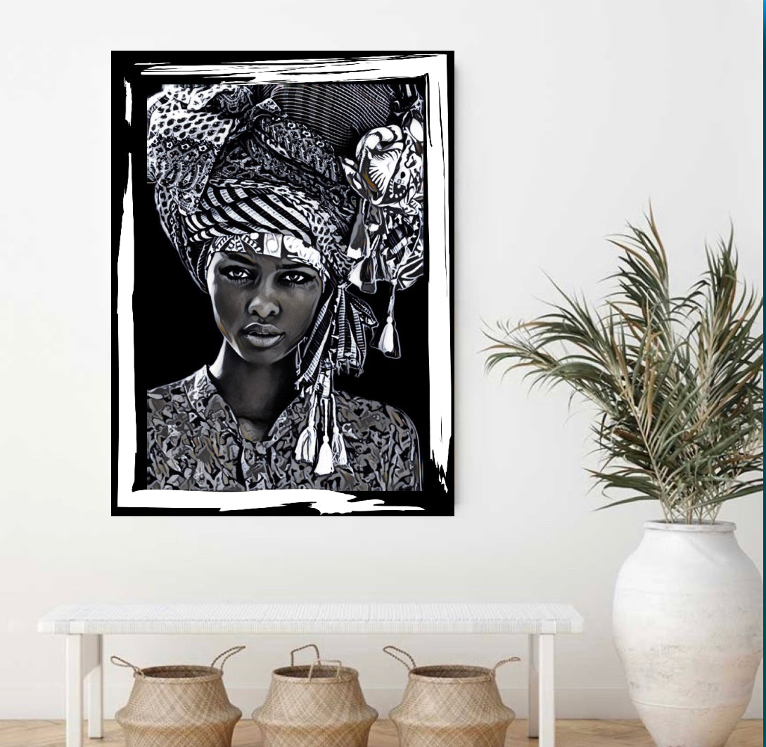 African women in headdress canvas print wall hanging (black&white) Size 50x80cm