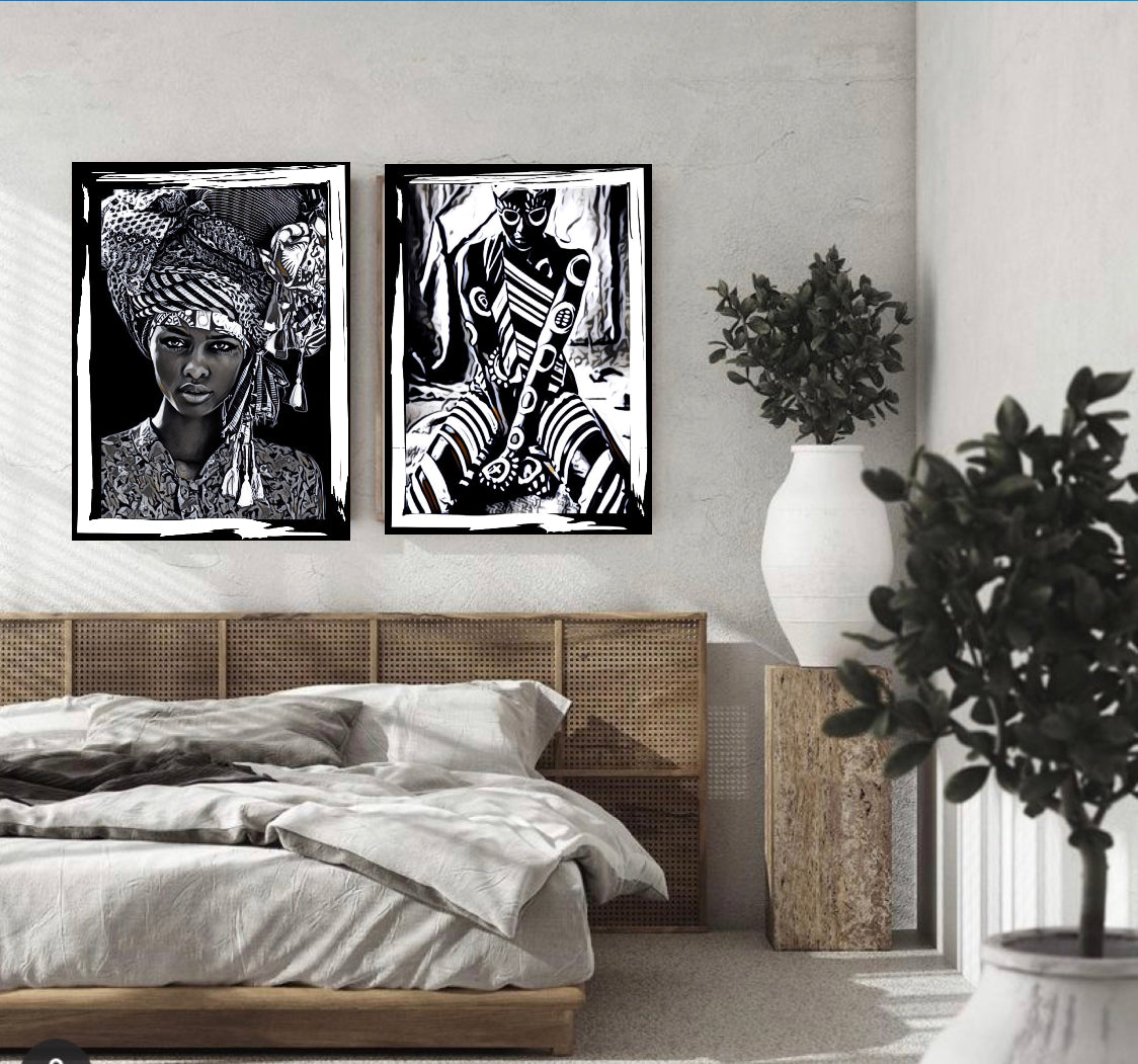 African women in headdress canvas print wall hanging (black&white) Size 50x80cm