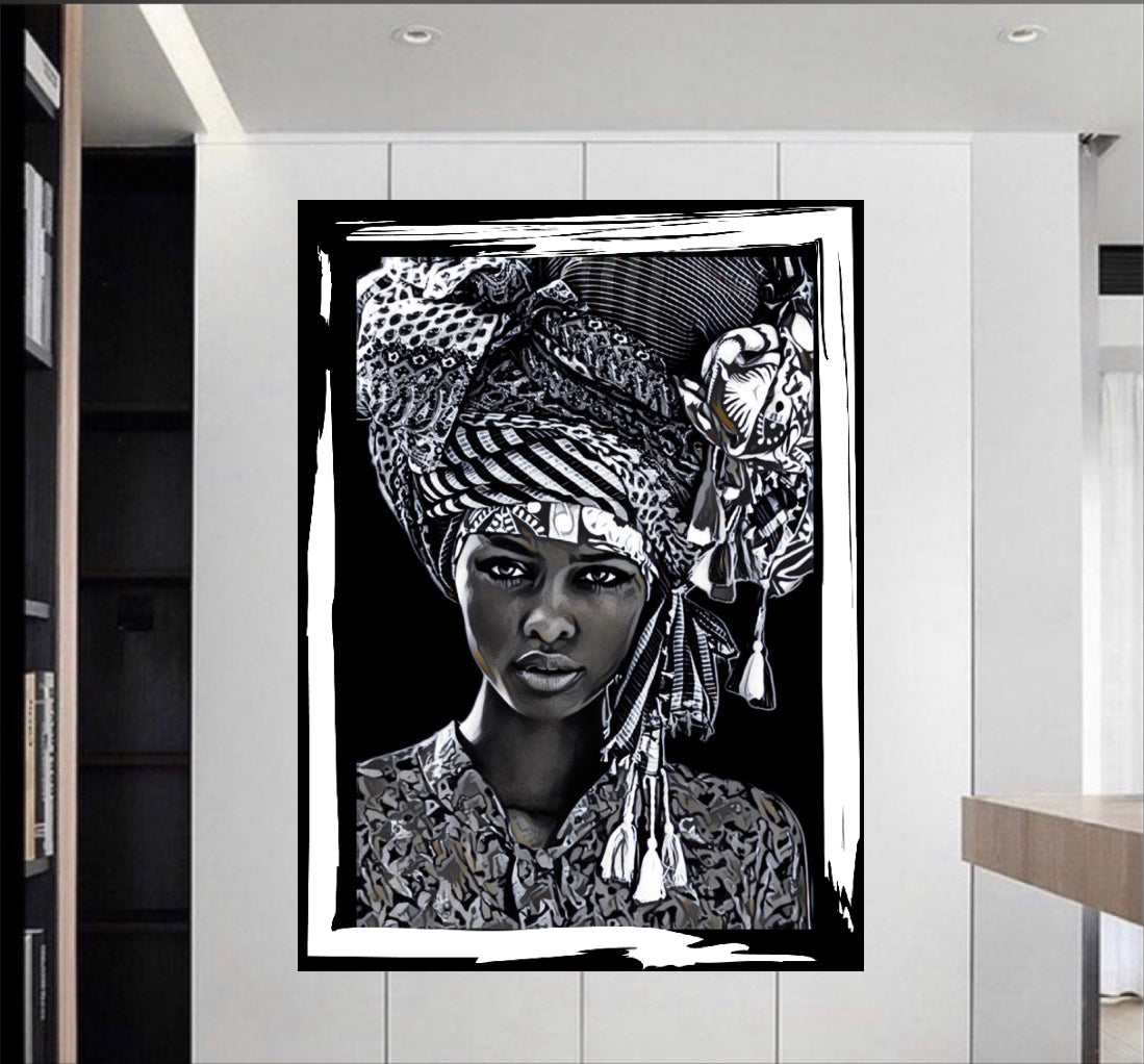 African women in headdress canvas print wall hanging (black&white) Size 50x80cm