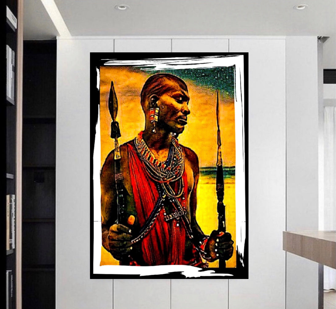 Masai Warrior Canvas Print Wall Hanging Ready to Display Size 50x70 cm