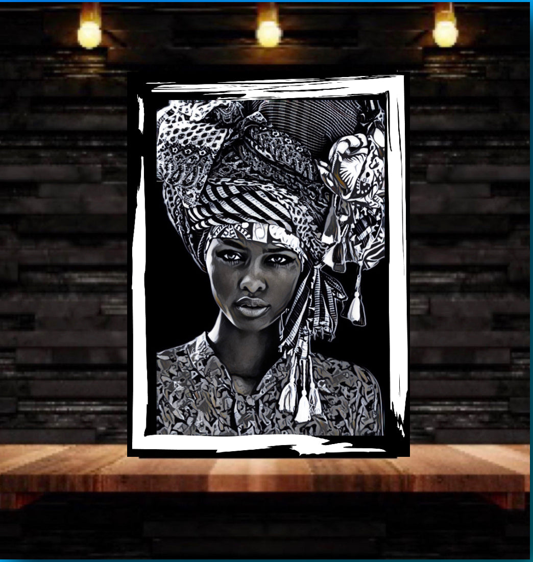 African women in headdress canvas print wall hanging (black&white) Size 50x80cm