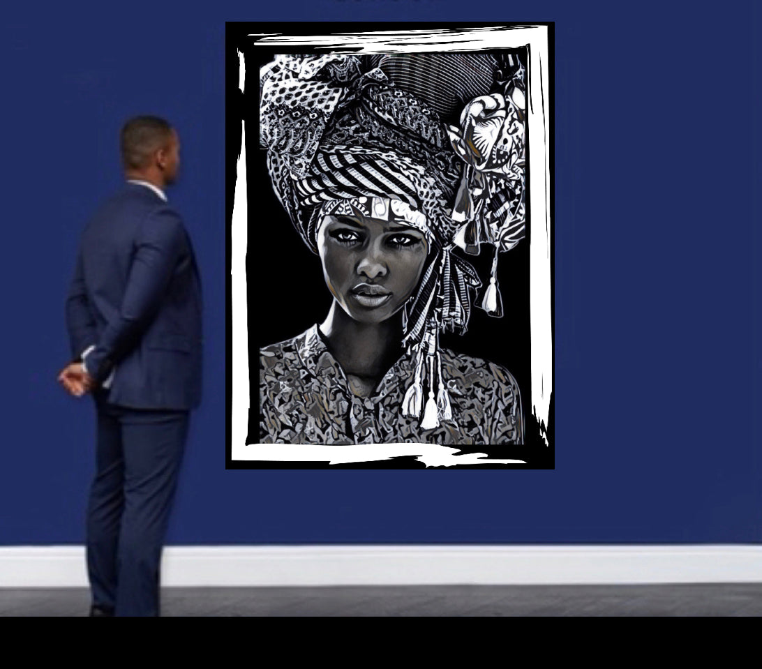 African women in headdress canvas print wall hanging (black&white) Size 50x80cm