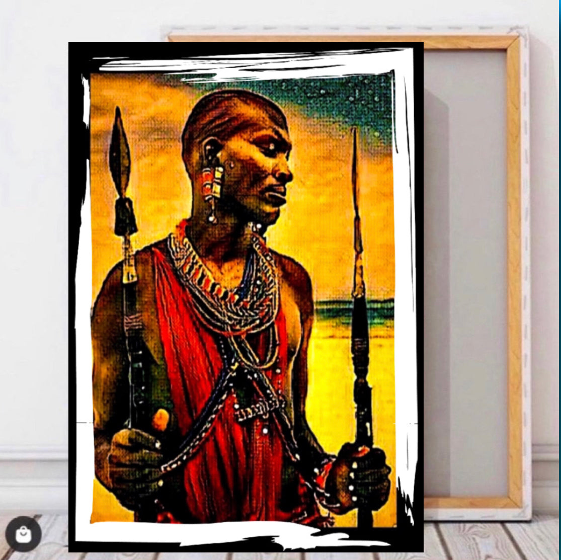 Masai Warrior Canvas Print Wall Hanging Ready to Display Size 50x70 cm